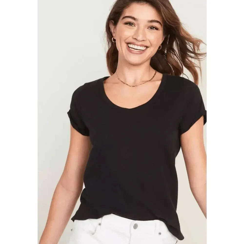Old Navy Womens Slub Knit Scoop Neck T Shirt Size L Black EasyWear Perfect Fit